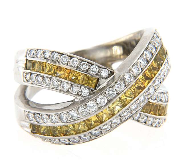 Modern White Gold Princess Yellow Sapphire and Diamond X Ring