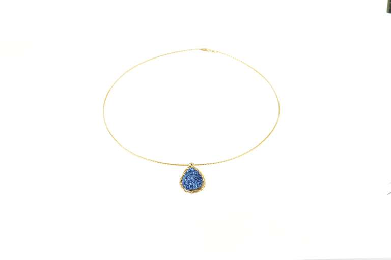 14K Yellow Gold Pear Blue Druzy Quartz Woven Tube Chain Necklace