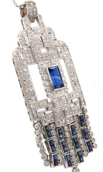 Vintage Sapphire and Diamond Art Deco Pendant on Chain