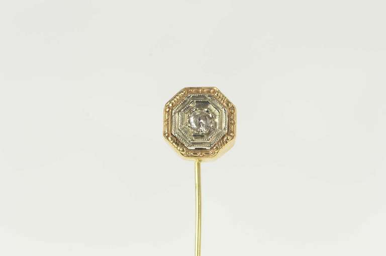 14K Yellow Gold Art Deco Diamond Ornate Etched Squared Stick Pin