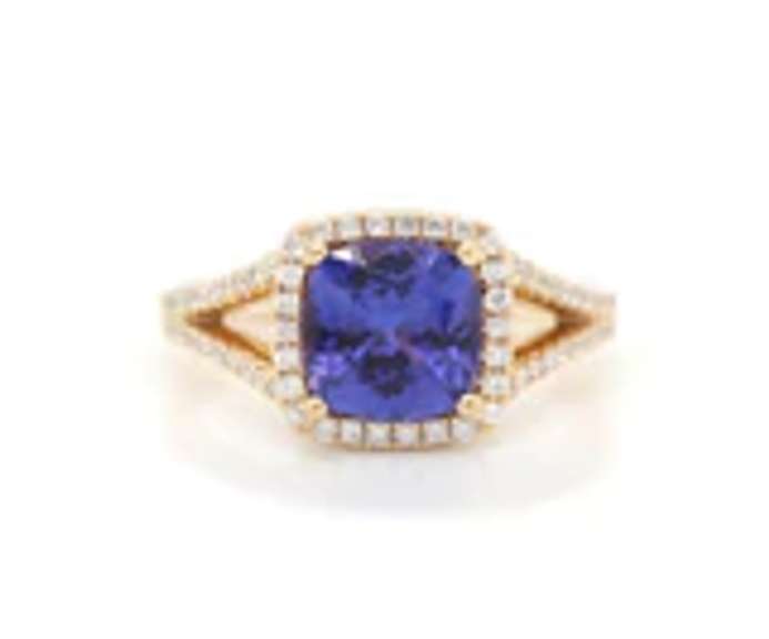 Traditional Yellow Gold Cushion Tanzanite and Diamond Ring