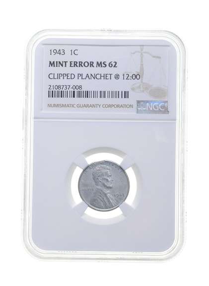 MS62 MINT ERROR 1943 Lincoln Steel Cent - Clipped Planchet @12:00 - Graded NGC