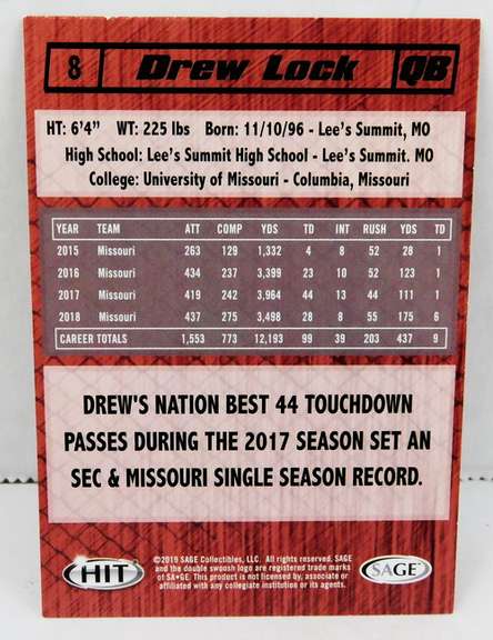 Drew Lock 2019 Sage Rookie Football Card