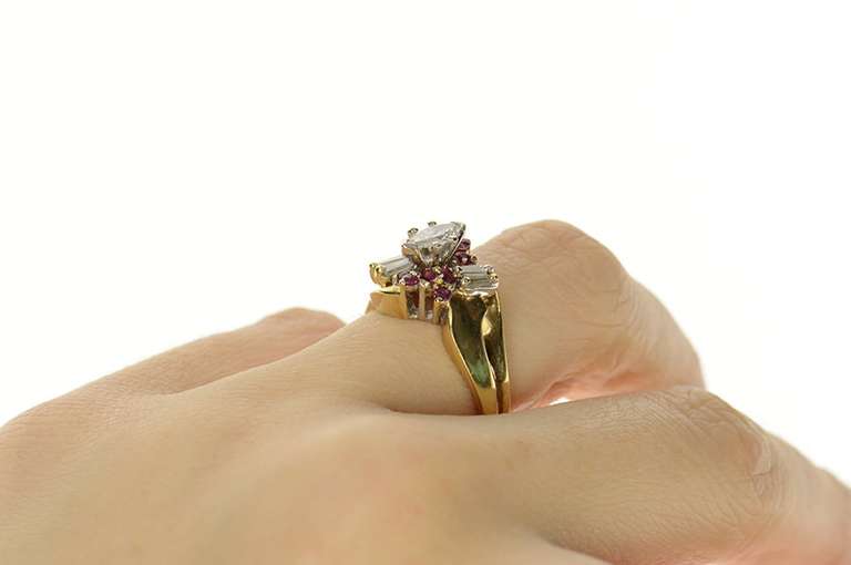 18K Yellow Gold 0.73 Ctw Marquise Diamond Ruby Engagement Ring