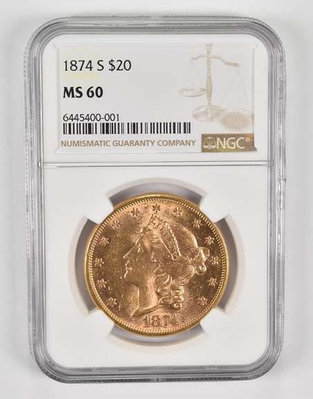 MS60 1874-S $20 Liberty Head Gold Double Eagle - Graded NGC