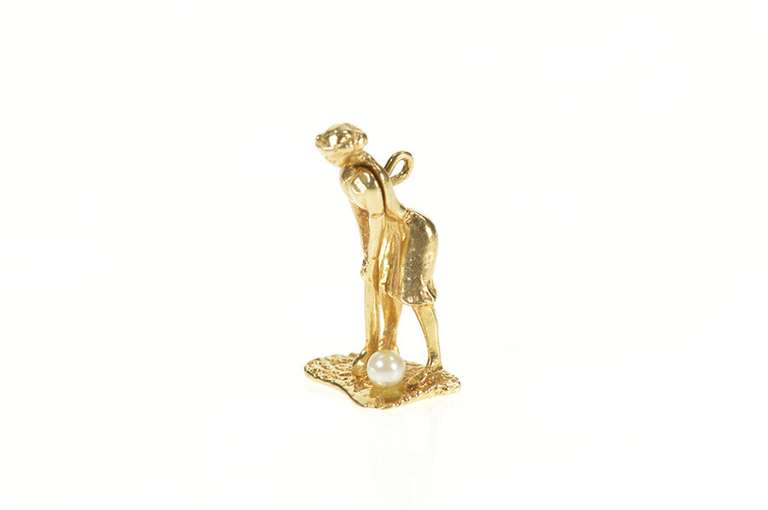 14K Yellow Gold 1960's Retro 3D Golfer Lady Pearl Charm/Pendant