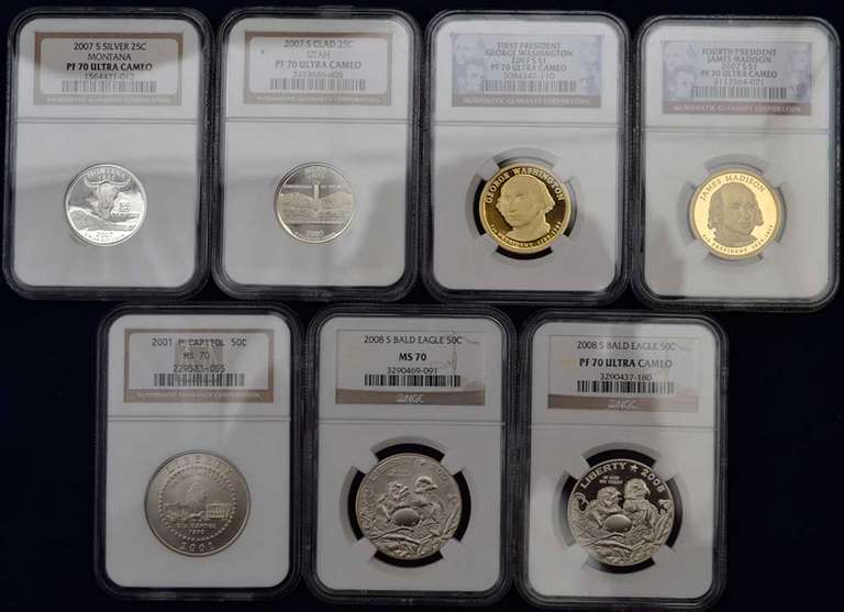 Lot Of 7 NGC Graded Coins. All 70.