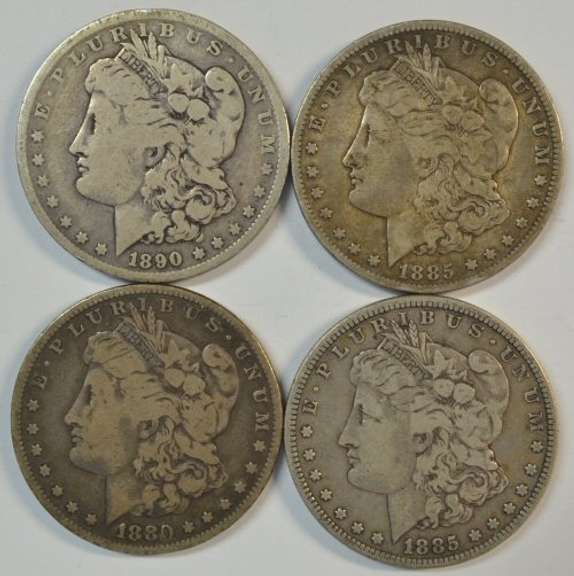 4 diff. Morgan Silver Dollars 1880 to 1890-O. Circs