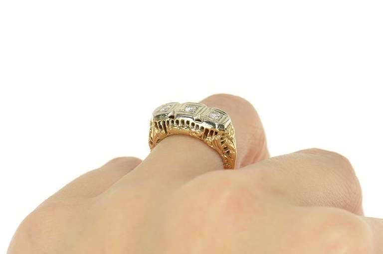 14K Yellow Gold Art Deco Ornate Floral Filigree Statement Ring