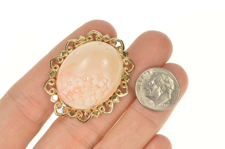 14K Yellow Gold Carved Coral Cherry Blossom Statement Pin/Brooch