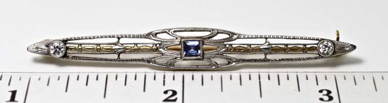 Sweet Vintage Filigree Bar Pin with Sapphire & Diamond