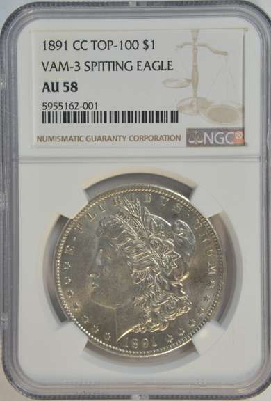 Rare 1891-CC Morgan Silver Dollar Spitting Eagle VAM-3. NGC AU58