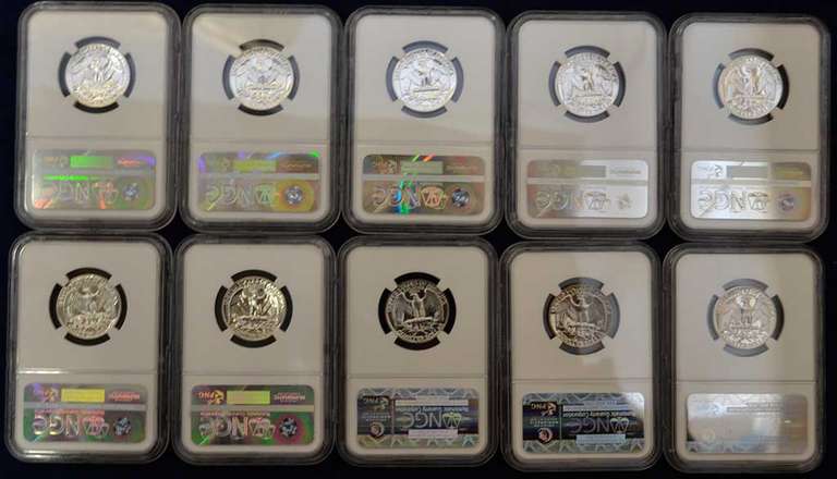 Run Of Proof Washington Quarters1958-1967 NGC PF67 With The SMS As Cameos.