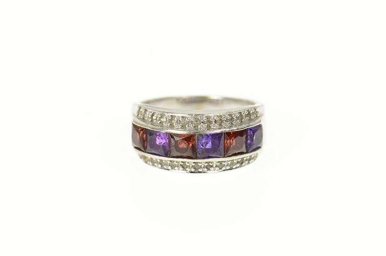 14K White Gold Garnet Amethyst Diamond Statement Band Ring