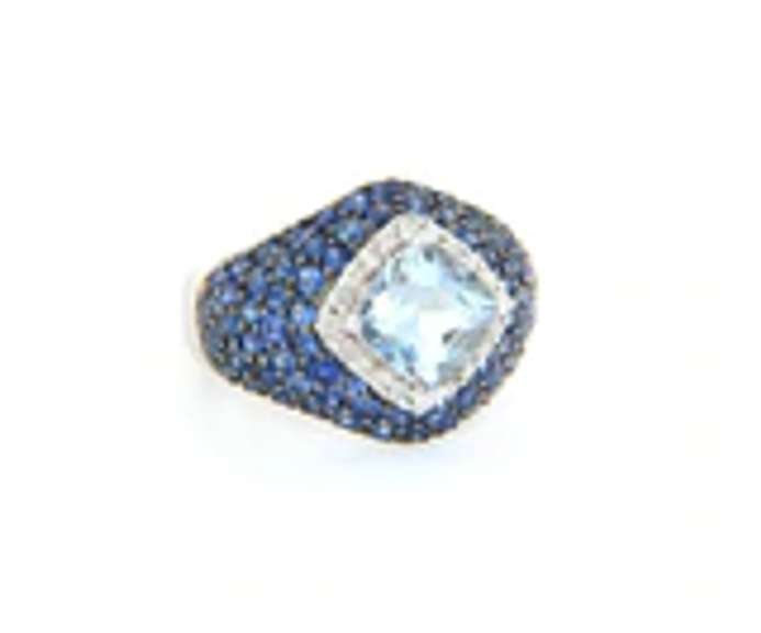 Elegant White Gold Cushion Aquamarine, Sapphire and Diamond Ring