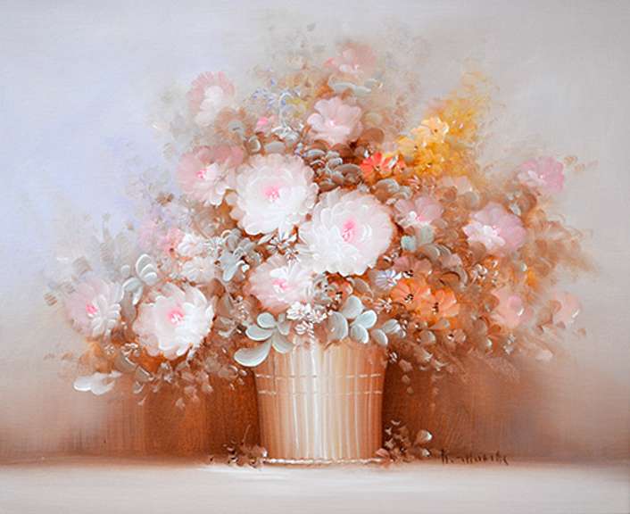 Beautiful Still Life With Multicolor Flowers in Vase, Signed Original Oil Painting on Canvas