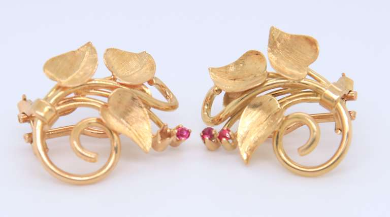 Vintage 18kt Ivy and Synthetic Ruby Earrings