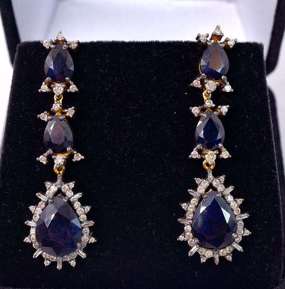 Sensational 22.45CTW Sapphire & 2.08CTW Diamond  Earrings in Gold Plated Sterling Silver
