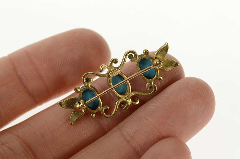 14K Yellow Gold Oval Turquoise Retro Leaf Scroll Bar Pin/Brooch