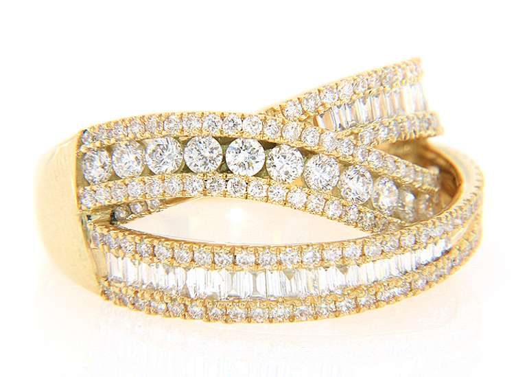 Dramatic Yellow Gold Round and Baguette Diamond Crossover Ring
