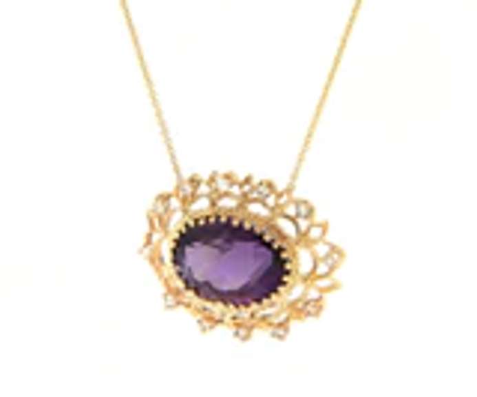 Dreamy Yellow Gold oval Amethyst and Diamond Pendant on Necklace