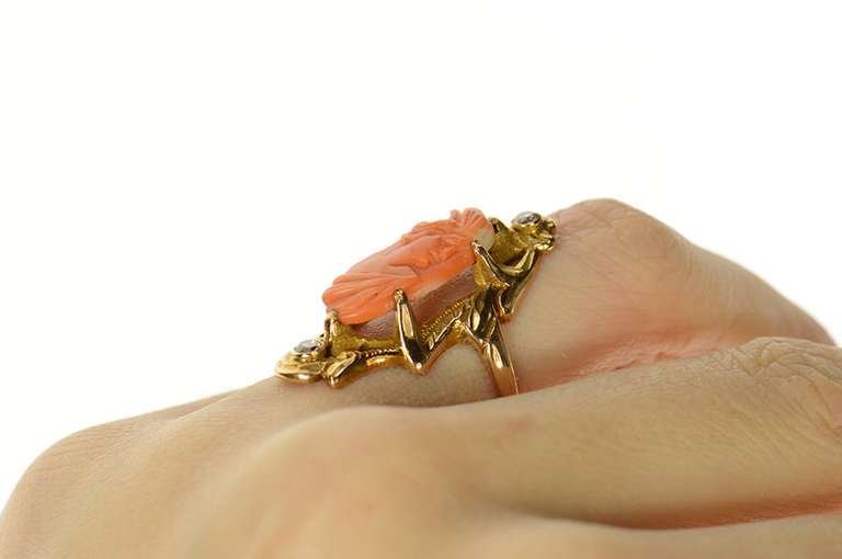 14K Yellow Gold Ornate Art Nouveau Coral Cameo Diamond Ring