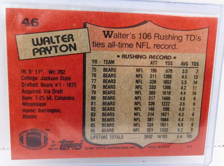 Walter Payton 1987 Topps Football Card