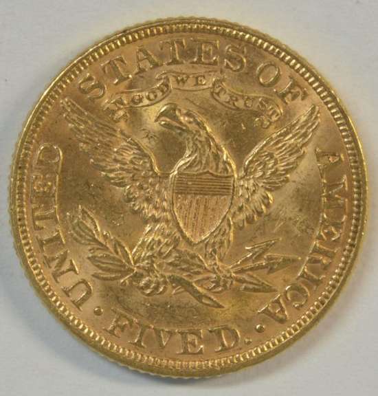 Flashy BU 1882 US $5 Liberty Gold Piece. Full strike