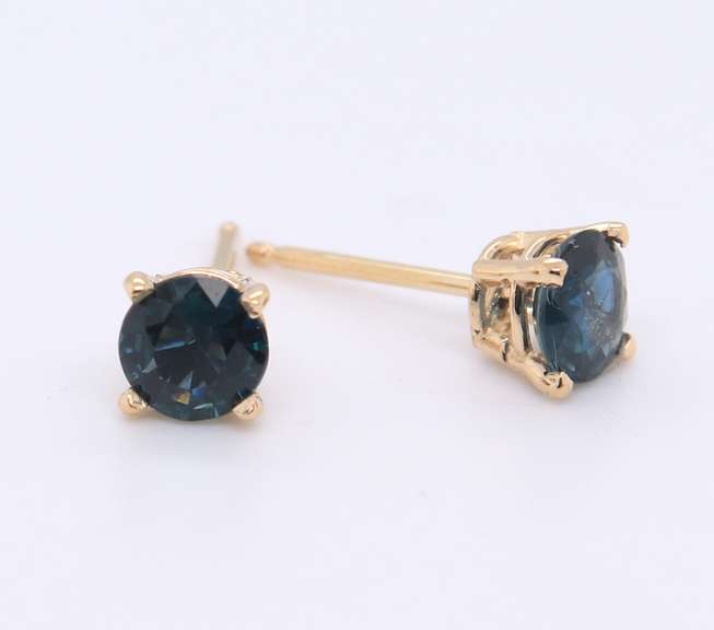 Stunning Yellow Gold Blueish Green Sapphire Stud Earrings