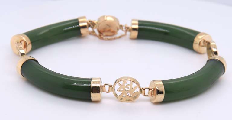 Beautiful Yellow Gold Green Jade Station Bracelet