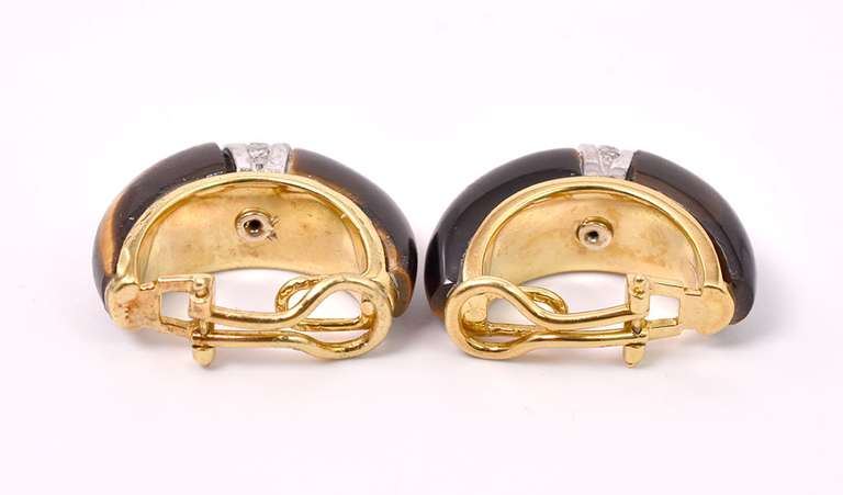 Tiger Eye Half Hoop Earrings, 18KT