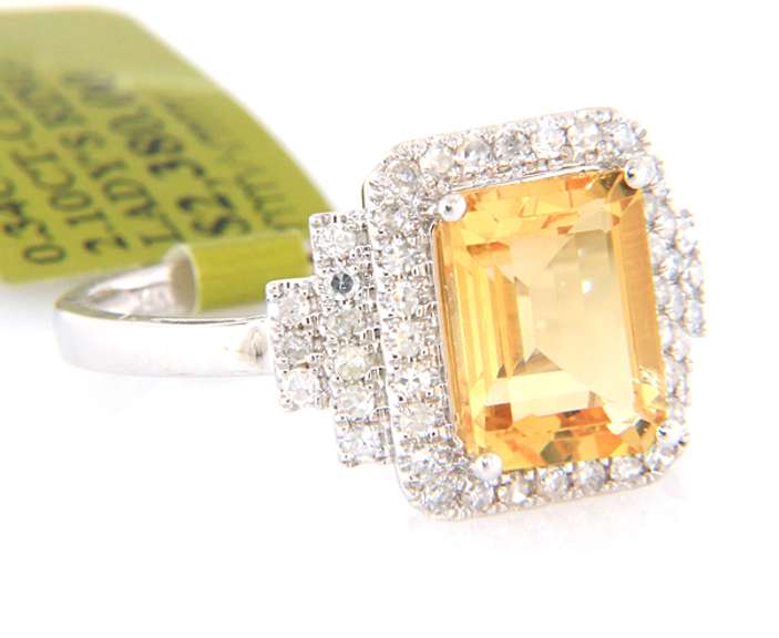 Wonderful White Gold Emerald Cut Citrine and Diamond Ring