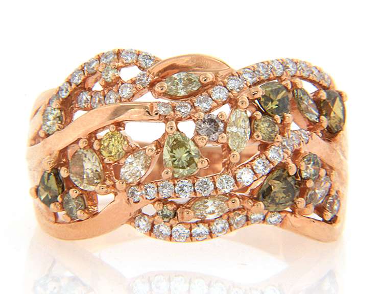 Masterpiece Rose Gold Mixed Cut Multi Colored Diamond Triple Row Ring
