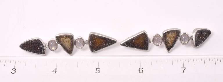 Striking Black and Red Geode Dangle Earrings in 18K White Gold