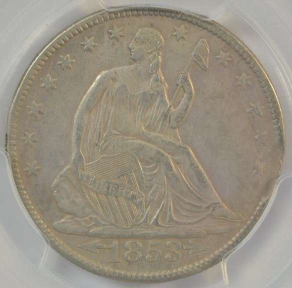 Mint Error 1853 Arrows & Rays Seated Liberty Half. PCGS AU Details