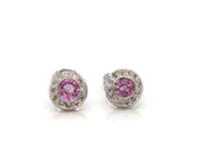 Charming White Gold Pink Sapphire and Diamond Halo Stud Earrings