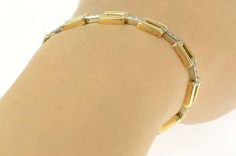 14K Yellow Gold 1.20 Ctw Diamond Two Tone Bar Link Chain Bracelet