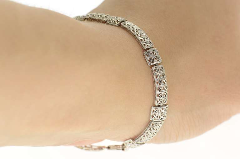 10K White Gold Squared Sparkly Studded Pattern Statement Bracelet