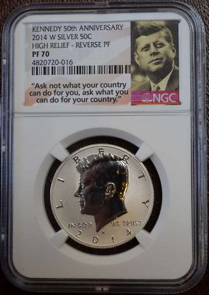 2014-W Kennedy Half Dollar Silver High Relief Reverse Proof 50th Anniversary NGC PF70 JFK Holder.