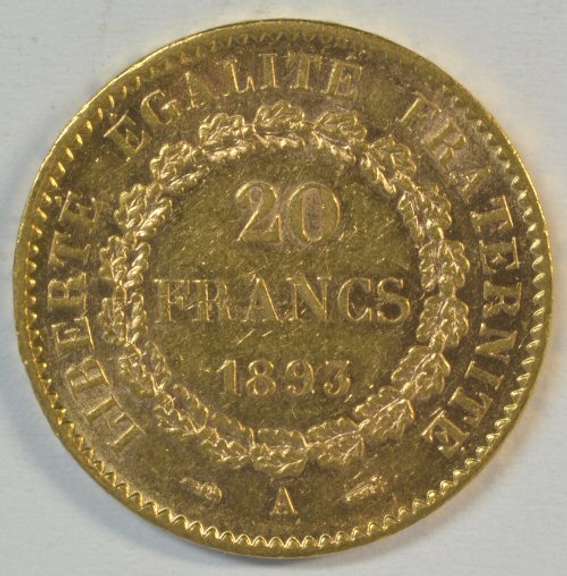 Choice BU 1893-A France 20 Francs Gold 'Angel' piece