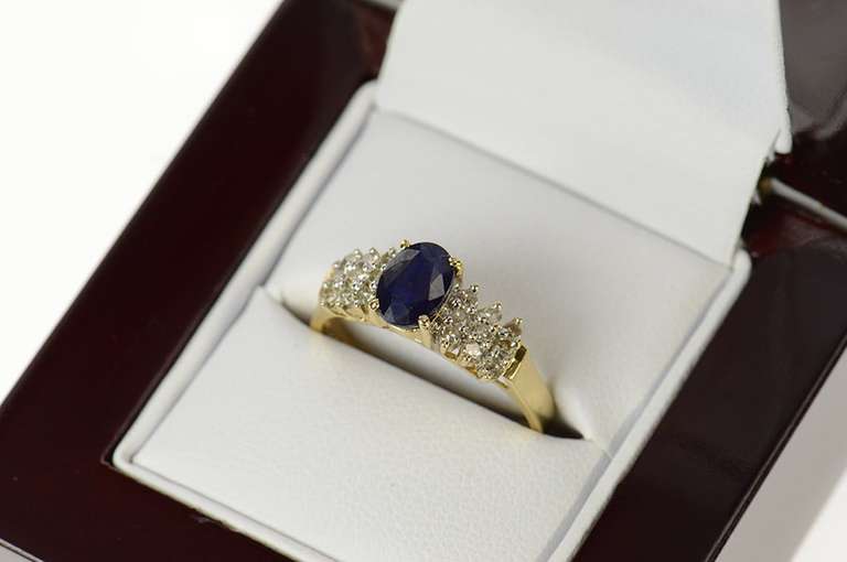 10K Yellow Gold Oval Classic Sapphire Diamond Cluster Accent Ring