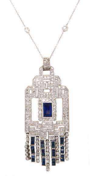Vintage Sapphire and Diamond Art Deco Pendant on Chain