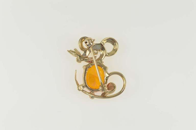 14K Yellow Gold Oval Syn. Mexican Fire Opal Diamond Mouse Pin/Brooch