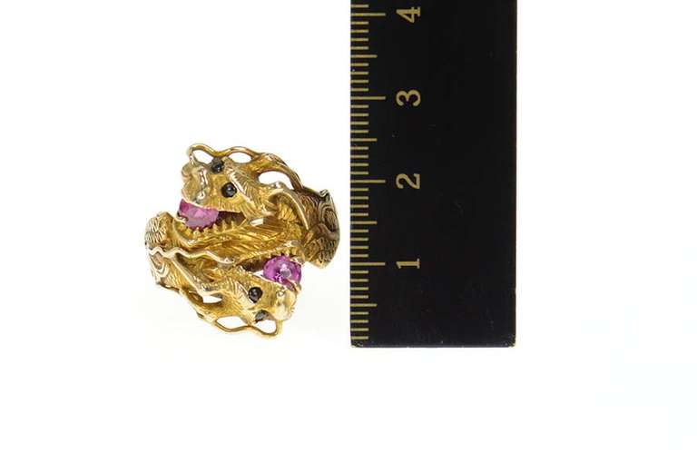 14K Yellow Gold Elaborate Chinese Dragon Ruby Men's Ring