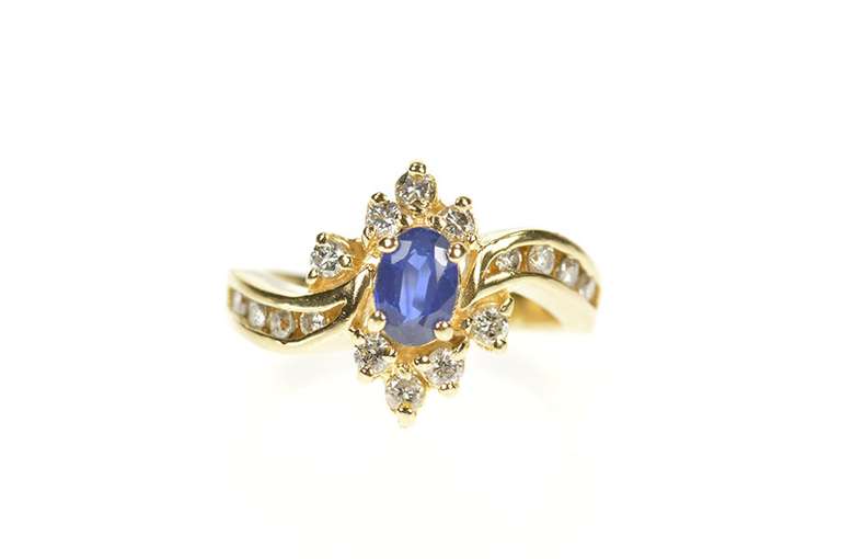 14K Yellow Gold 0.92 Ctw Natural Sapphire Diamond Engagement Ring