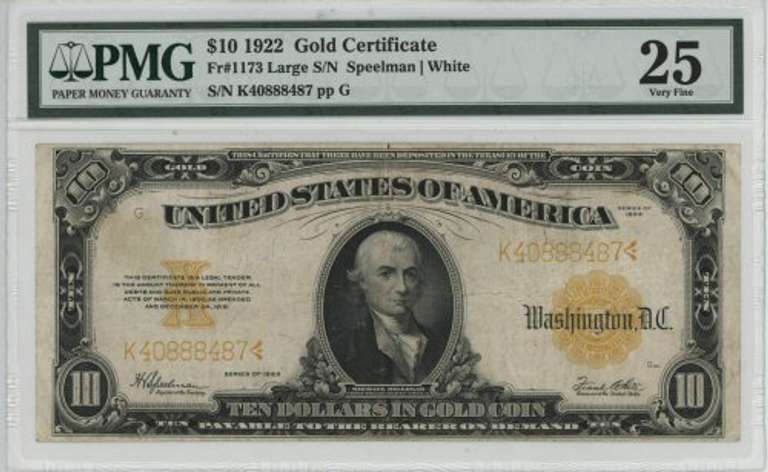 Choice VF 1922 Series Large Size $10 Gold Cert. PMG-25