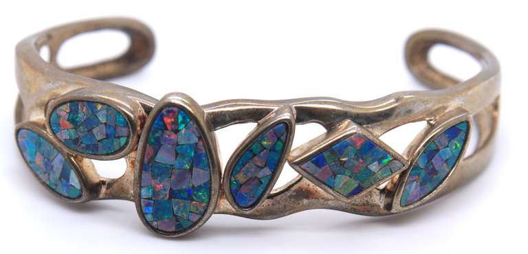 Vintage Sterling Silver Signed Inlay Cuff Bangle