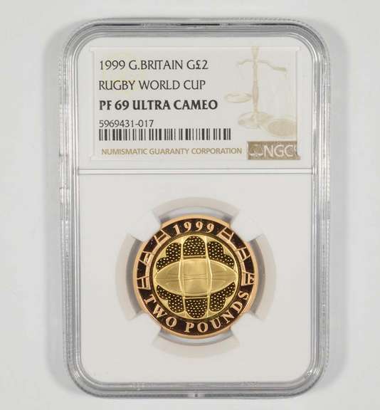 PF69 UCAM 1999 Great Britain 2 Gold Pounds - Rugby World Cup - NGC