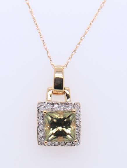 Fantastic Yellow Gold Square Lemon Quartz and Diamond Pendant on Chain