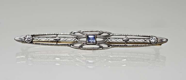 Sweet Vintage Filigree Bar Pin with Sapphire & Diamond